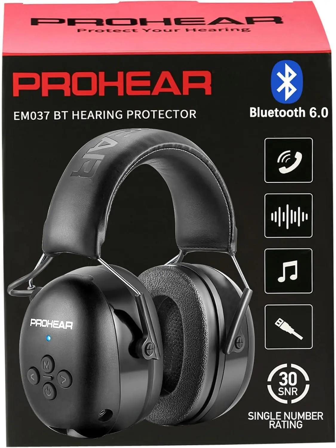 PROHEAR 037 Bluetooth 6.0 Hearing Protection Headphones with Rechargeable 1500mAh Battery, 30dB SNR Safety Noise Reduction Ear Muffs 120H Playtime for Mowing, Workshops, Snowblowing - Black ClimeCo Certified
