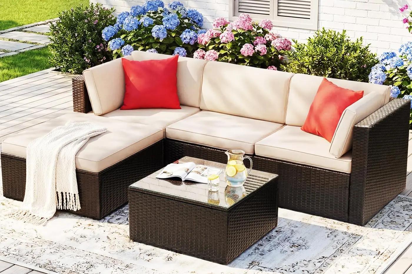 Devoko 5 Pieces Patio Furniture Sets All Weather Outdoor Sectional Patio Sofa Manual Weaving Wicker Rattan Patio Seating Sofas with Cushion and Glass Table (Beige)
