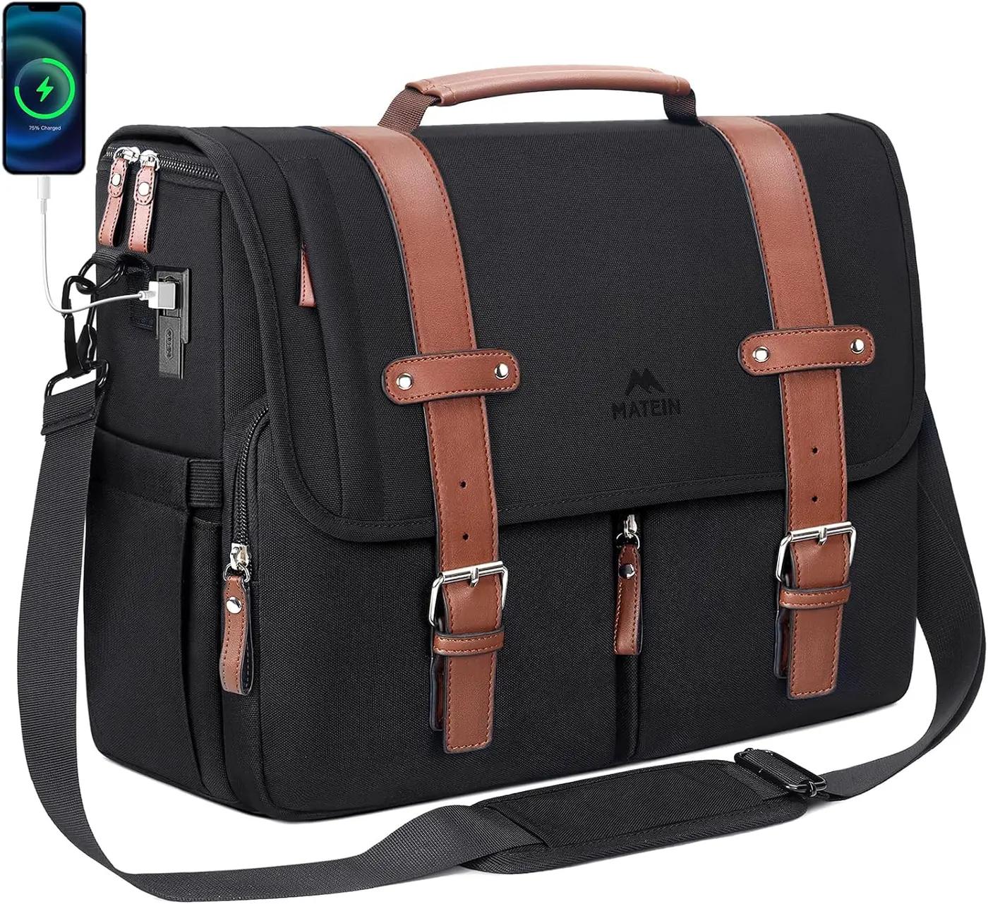 MATEIN MATEIN Messenger Bag with USB Charging Port, 15.6 inch Laptop Bags Large Mens Briefcase with Shoulder Strap, Water Resistant Crossbody Satchel Work Computer Case for College Office Commuting, Black
