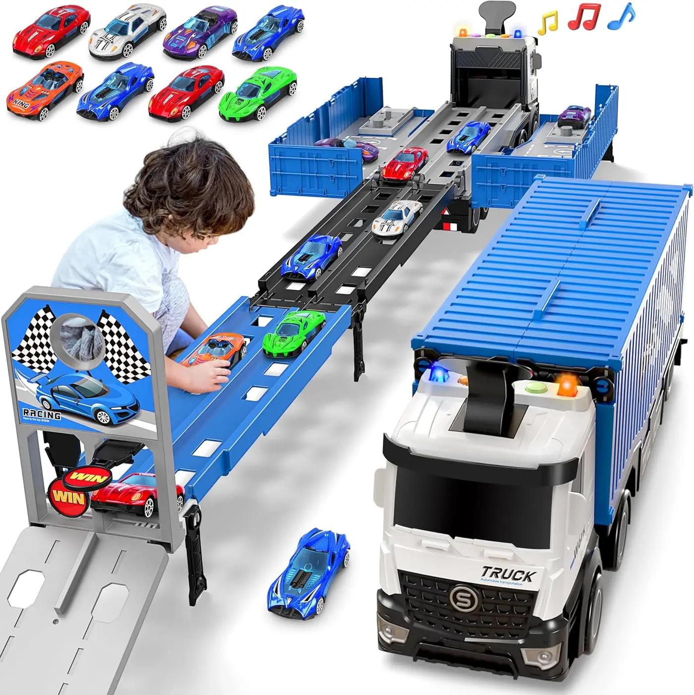 Carrier Truck Race Track Toddlers Toys, Foldable 3 Layer Track Playset, Toy Truck Transport Car Carrier &amp; 8 Race Cars, Truck Car Kids Toys Xmas Gifts for Age 3 4 5 6+ Years Old Boys Girls
