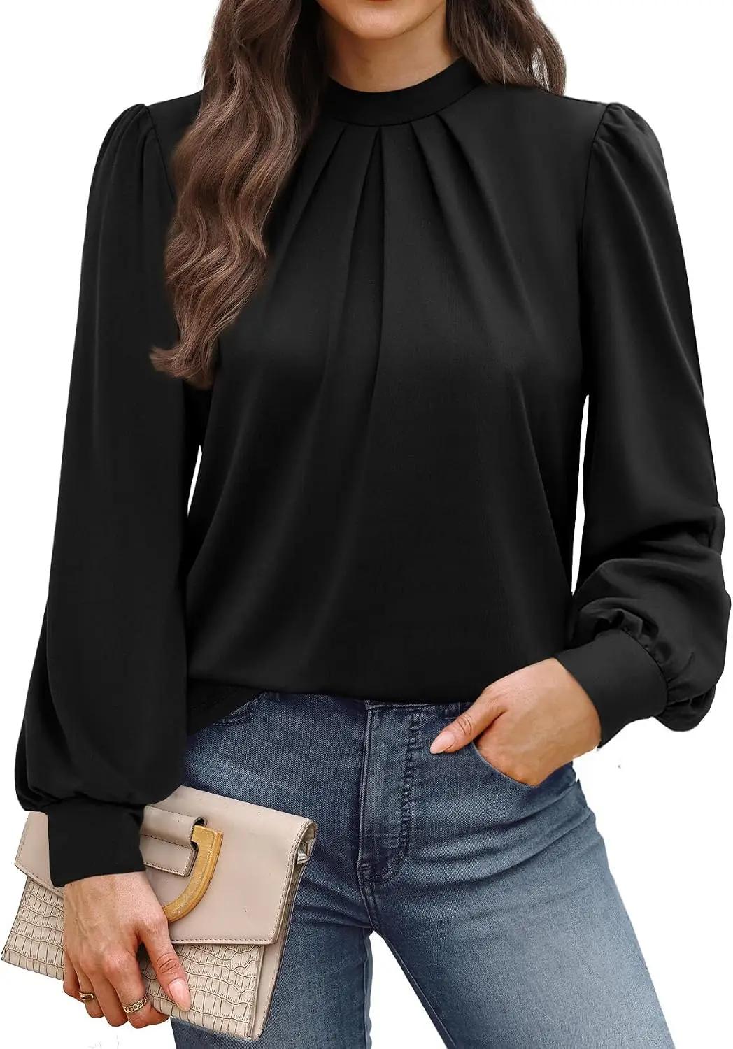 WIHOLL Long Sleeve Shirts for Women Mock Neck Tops Pleated Front Blouses Dressy Casual Spring Fall Clothes 2026 Fashion OEKO-TEX STANDARD 100