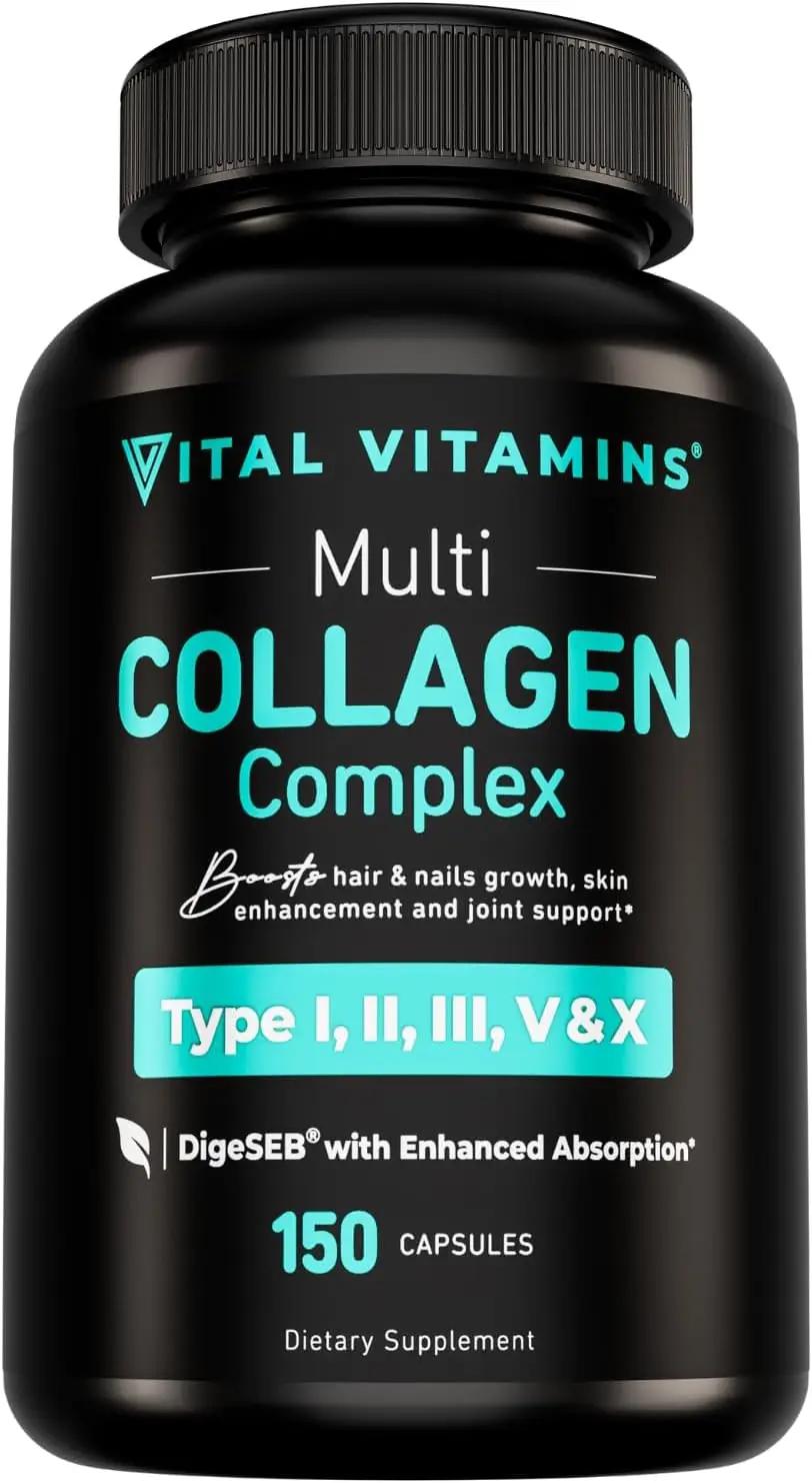 Vital Vitamins Multi Collagen for Women &amp; Men - Type I, II, III, V, X - Grass Fed, Non-GMO - 150 Capsules