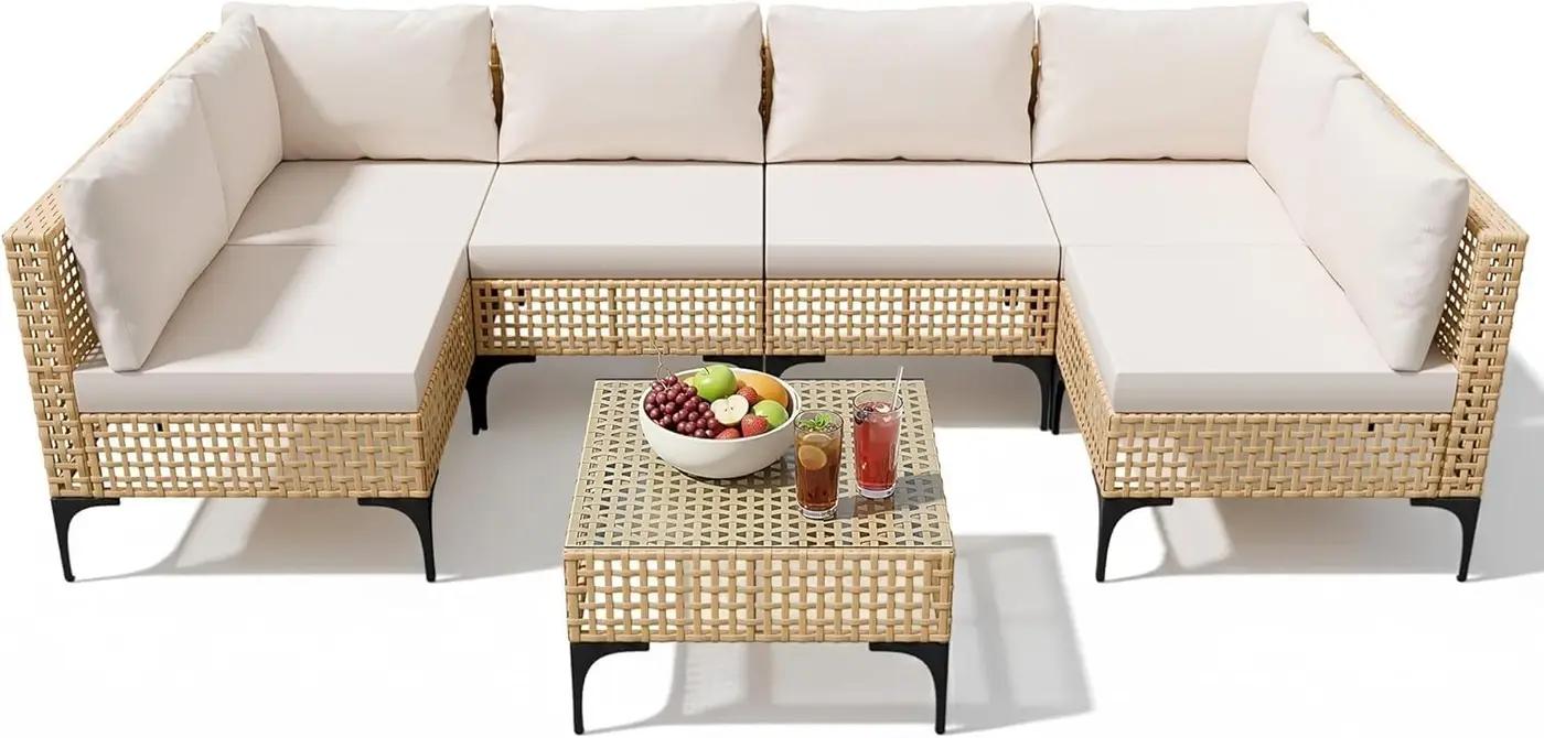 Devoko Patio Furniture Set,7 Pieces Outdoor Wicker Sectional Couch with Thick Cushions &amp;Glass Tabletop, PE Rattan Backyard Conversation Sofa with Coffee Table for Deck, Porch