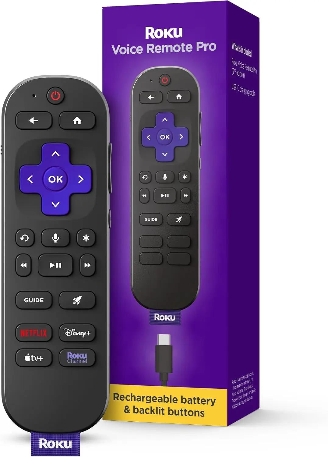 Roku Voice Remote Pro (2nd Ed.) | Rechargeable TV Remote Control with Hands-free Voice Controls, Backlit Buttons, &amp; Lost Remote Finder - Replacement Remote Compatible with All Roku TV, Players &amp; Audio