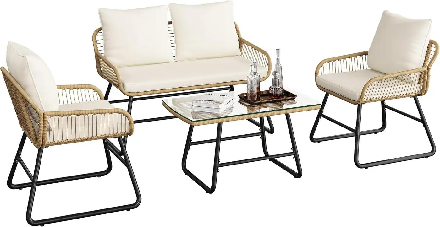 Yaheetech 4 Piece Patio Furniture Set, Outdoor Wicker Conversation Sets, Boho Loveseat &amp; 2 Armchairs with Cushion and Pillow, Glass Top Table for Backyard, Porch, Balcony, Deck - Tan/Cream