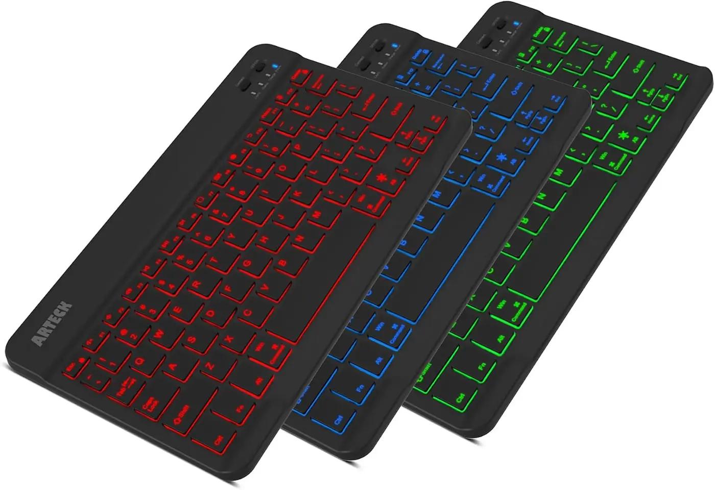 Arteck Universal Backlit 7-Colors Ultra Light Slim Portable Wireless Bluetooth 3.0 Keyboard for iOS iPad Pro, Air, Mini, Android, Windows Tablets PC Smartphone Built in Rechargeable 6-Month Battery