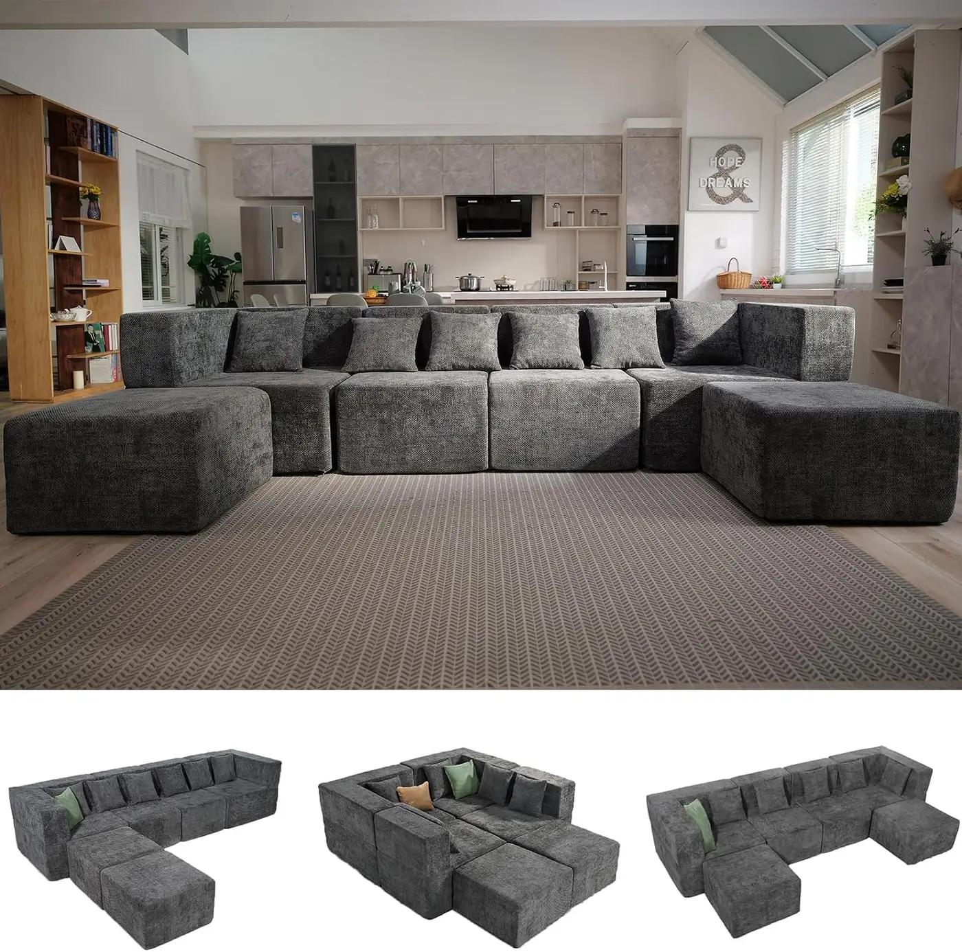 MONVANE Modular Sectional Cloud Couch for Living Room - 130'' 6 Seater Convertible Chenille Couches Set with Ottoman, No Assembly Compression Sofas, Comfy Floor Sofa with Memory Foam, Grey OEKO-TEX STANDARD 100