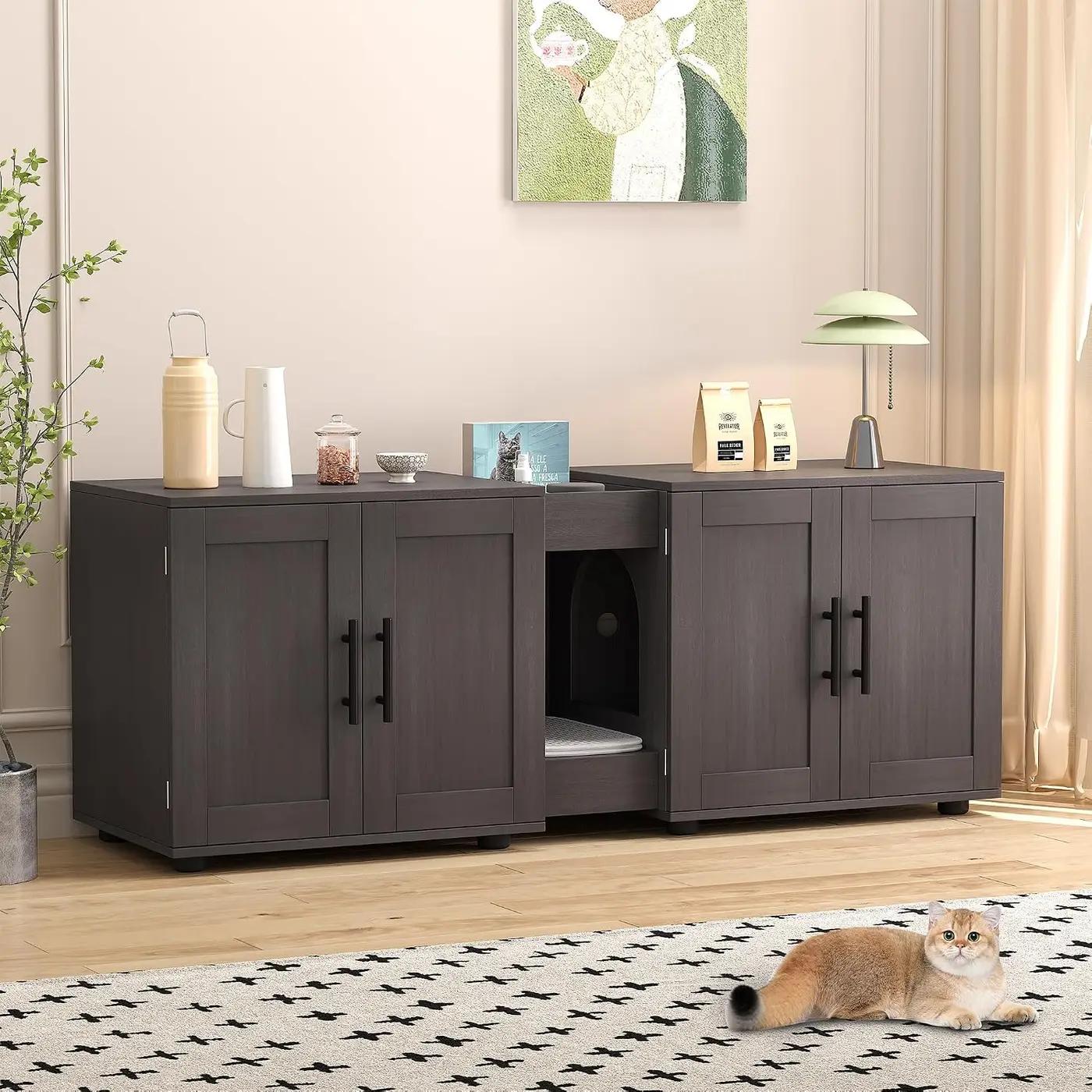 GAOMON Litter Box Enclosure with Double Room,Cat Hidden Litter Box Enclosure Furniture for 2 Cats with Double Room, 55”L x 17.7”W x 22.5”H Cat House,Wooden Enclosed Cat Litter Box Furniture,Walnut