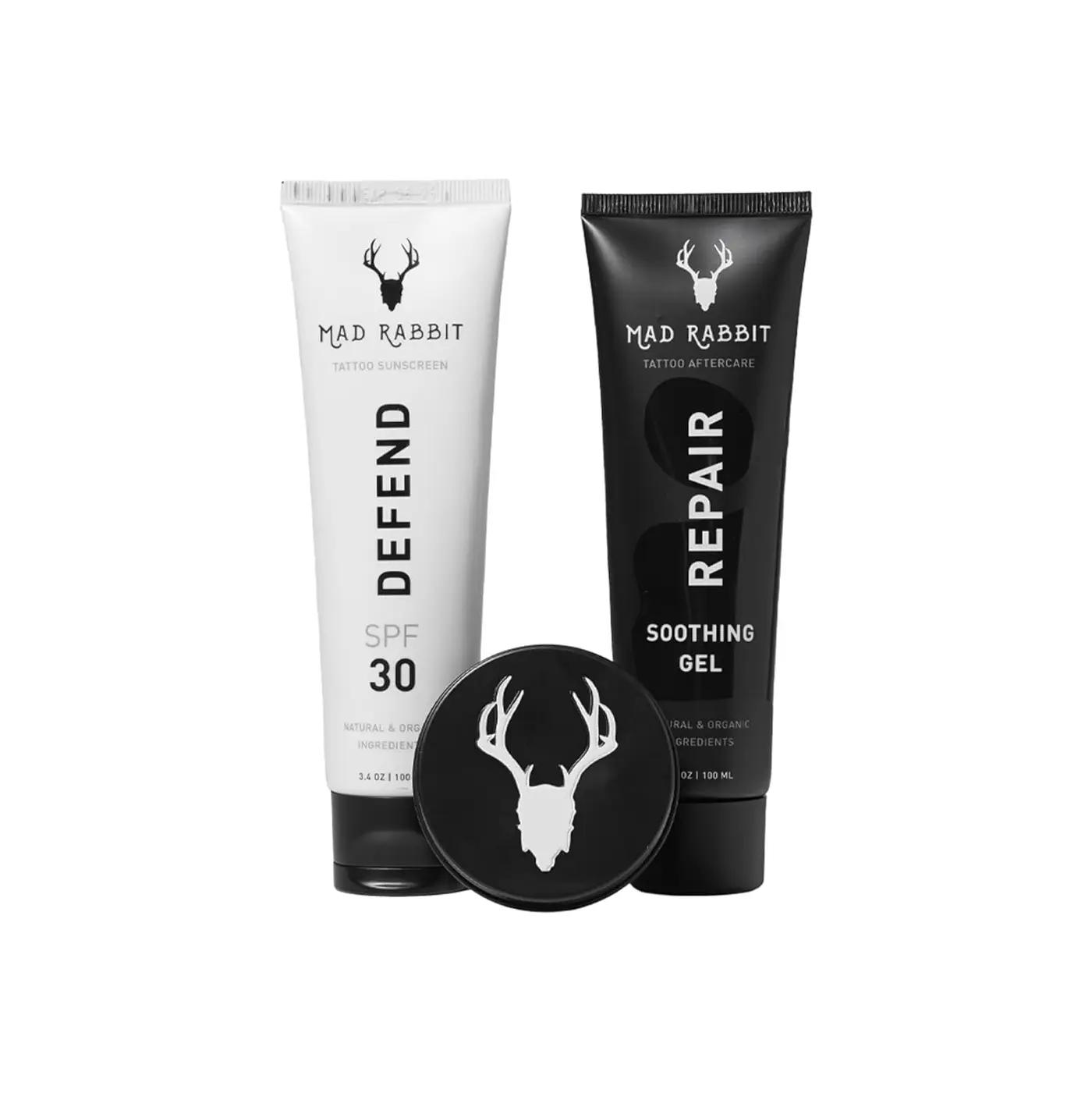 Mad Rabbit Tattoo Care Bundle Kit (3-Piece) Repair Soothing Gel, Enhance Balm &amp; Defend SPF 30 Sunscreen - Full Coverage Tattoo Care Kit for New &amp; Current Tattoos