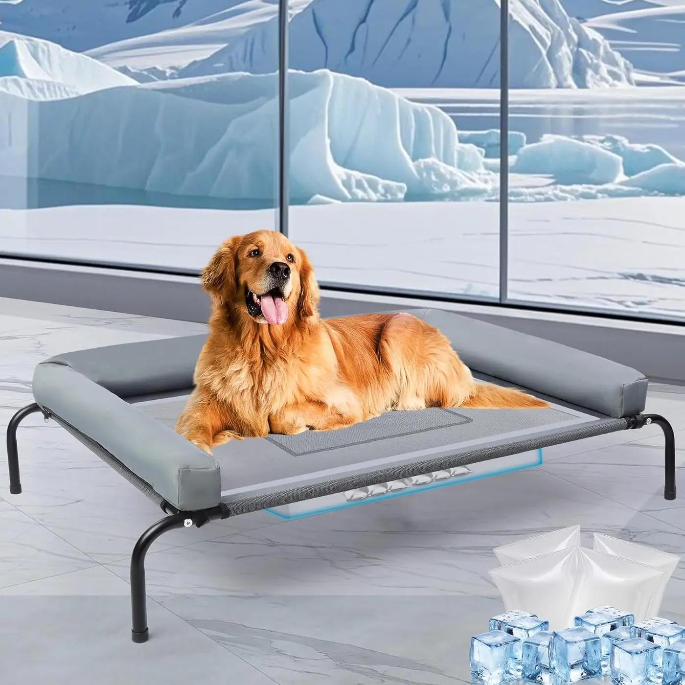 42''Cooling Elevated Dog Bed with Pillow,Outdoor Indoor Raised Dogs Bed with Six Support Feet,Breathable Dog Cot Beds Teslin Medium Large Size Dogs,Pet Hammock Beds, Pet Beds with 4 Ice Pack(Medium)