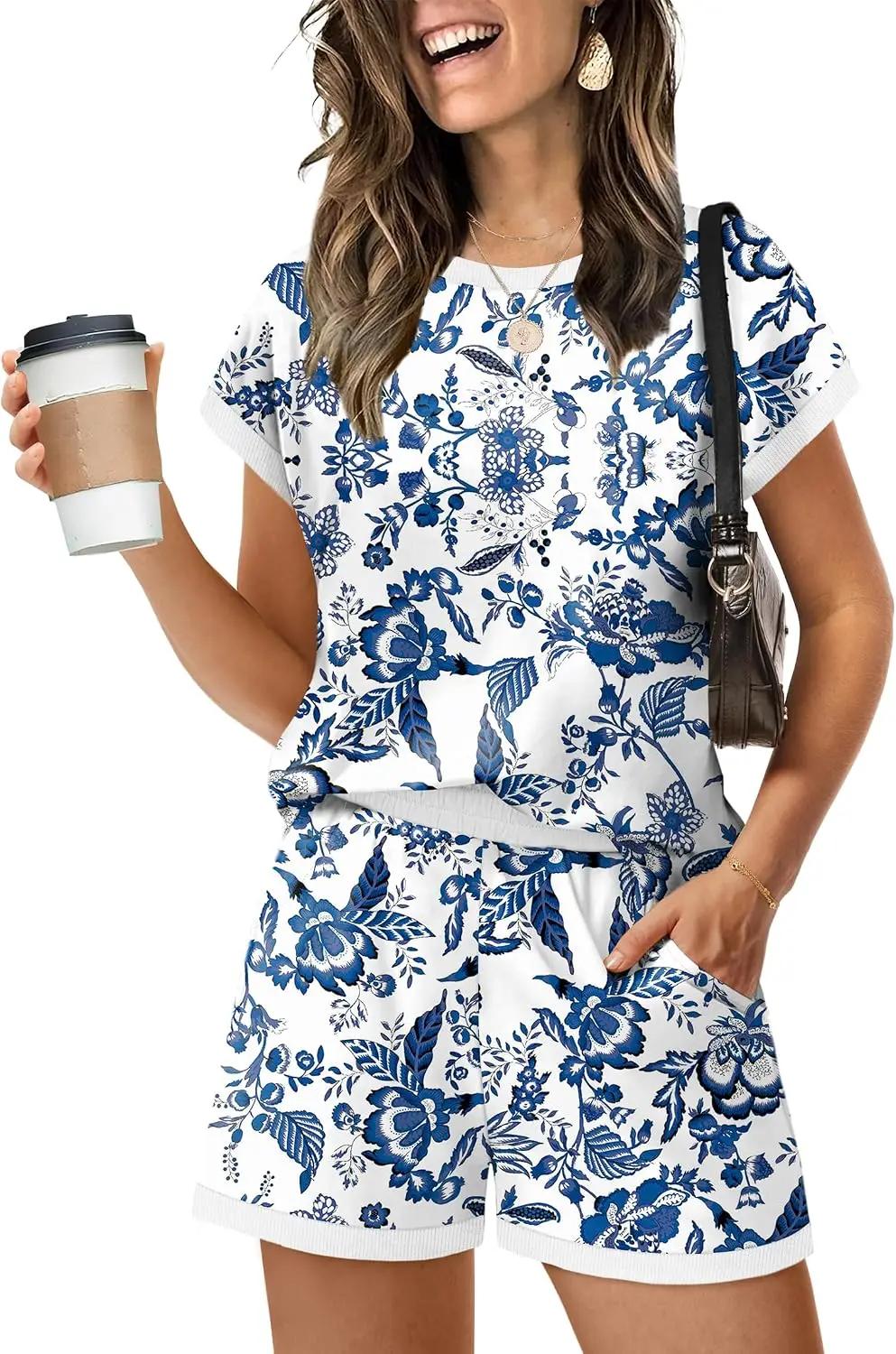 WIHOLL Two Piece Sets for Women Summer Lounge Short Sets Cap Sleeve Crew Neck Sweatsuit with Pocket XS-2XL