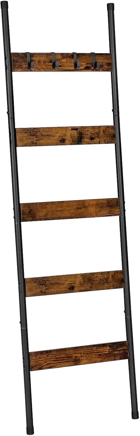 HOOBRO Blanket Ladder, 5-Tier Towel Rack with Hooks, Wall-Leaning Blanket Rack, Decorative Display Ladder Shelf, for Scarves, Industrial, Living Room, Bedroom, Rustic Brown and Black BF52CJ01