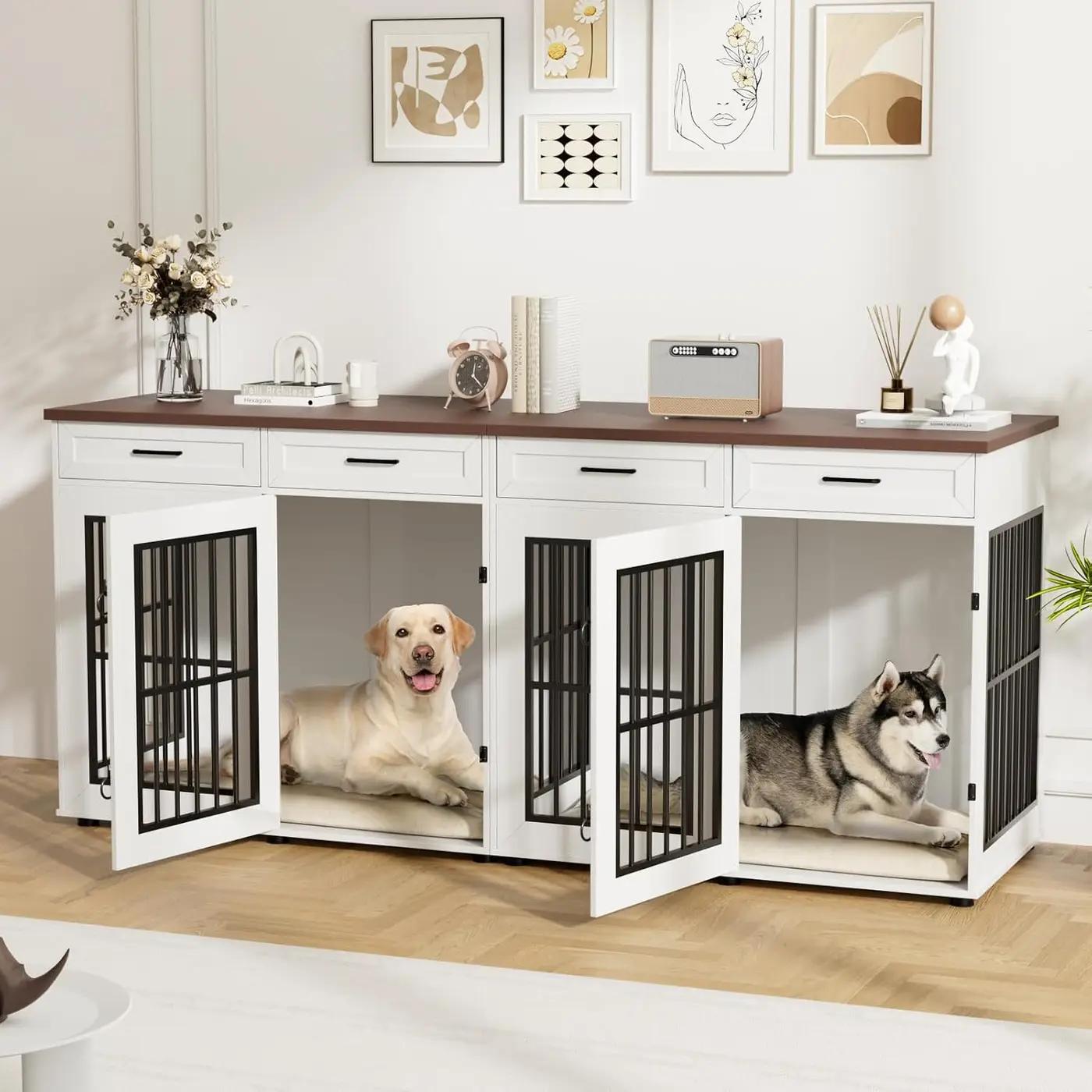 VOWNER 86.7 in Dog Crate Furniture for 2 Dogs, Extra Large Double Dog Cage Furniture TV Stand with Removable Divider, Wooden Dog Kennel Indoor, XXL Thick Dog Crate for Large Medium Dogs, White/Brown
