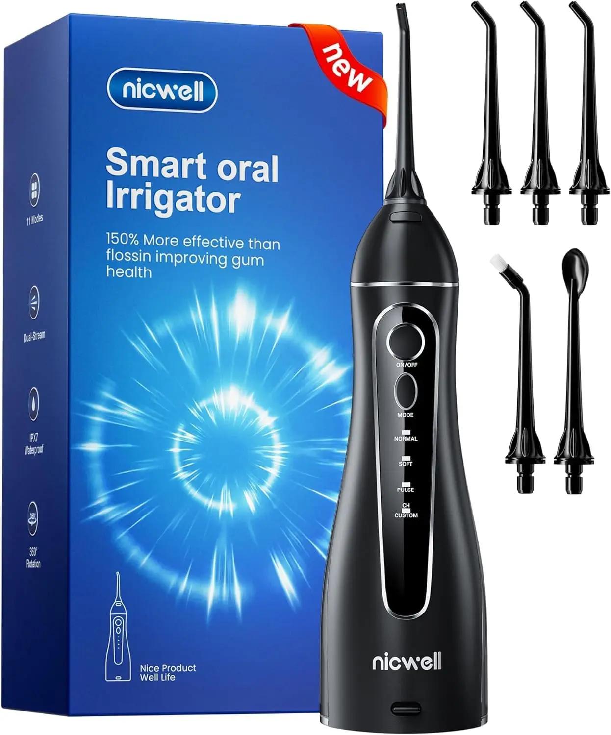 Nicwell Water Dental Flosser for Teeth - 4 Modes &amp; 11 Pressure Settings Cordless Portable Oral Irrigator, IPX7 Waterproof Rechargeable with 5 Tips for Braces Cleaning, Travel, Deep Teeth Cleaning