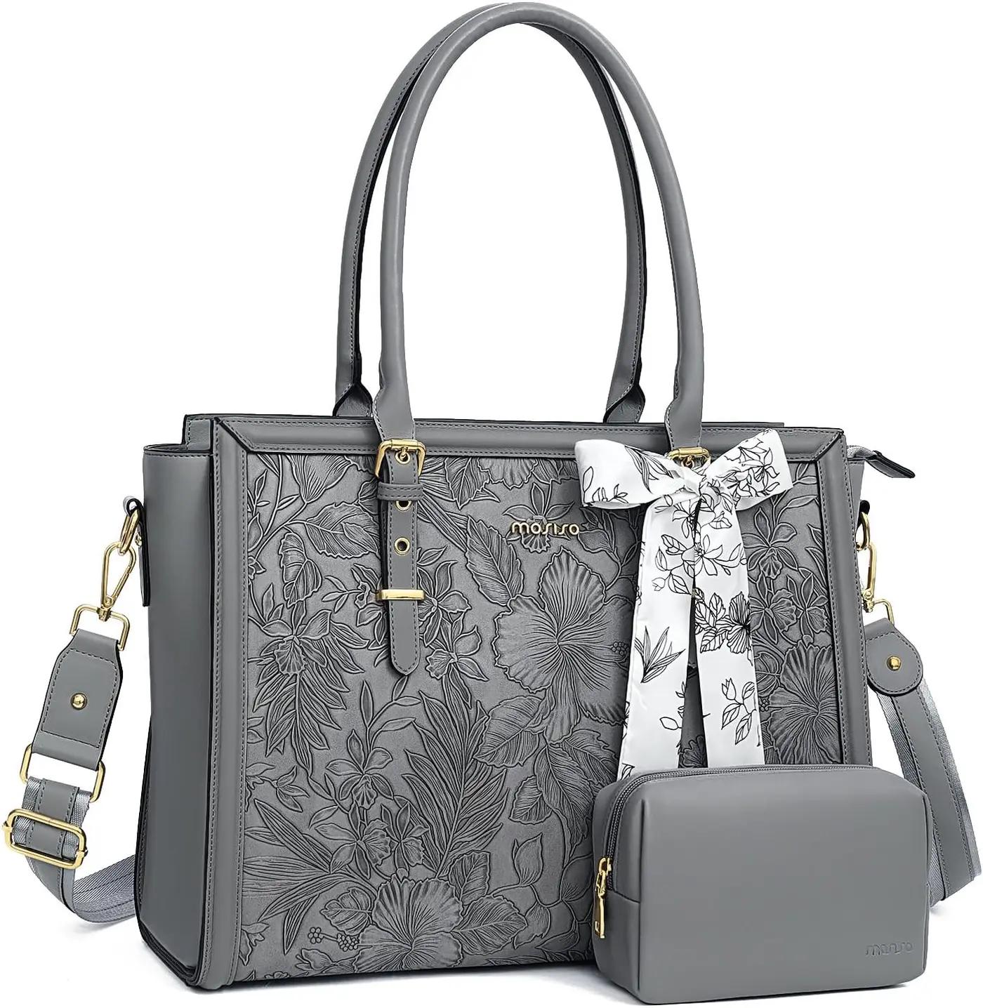 MOSISO MOSISO Laptop Bag for Women, 15.6-16 inch PU Leather Tote Bag Compatible with MacBook, HP, Dell, Asus Notebook, Front Embossed Retro Hibiscus Computer Bags with Silk Scarf&amp;Clutch Purse, Gray Global Recycled Standard