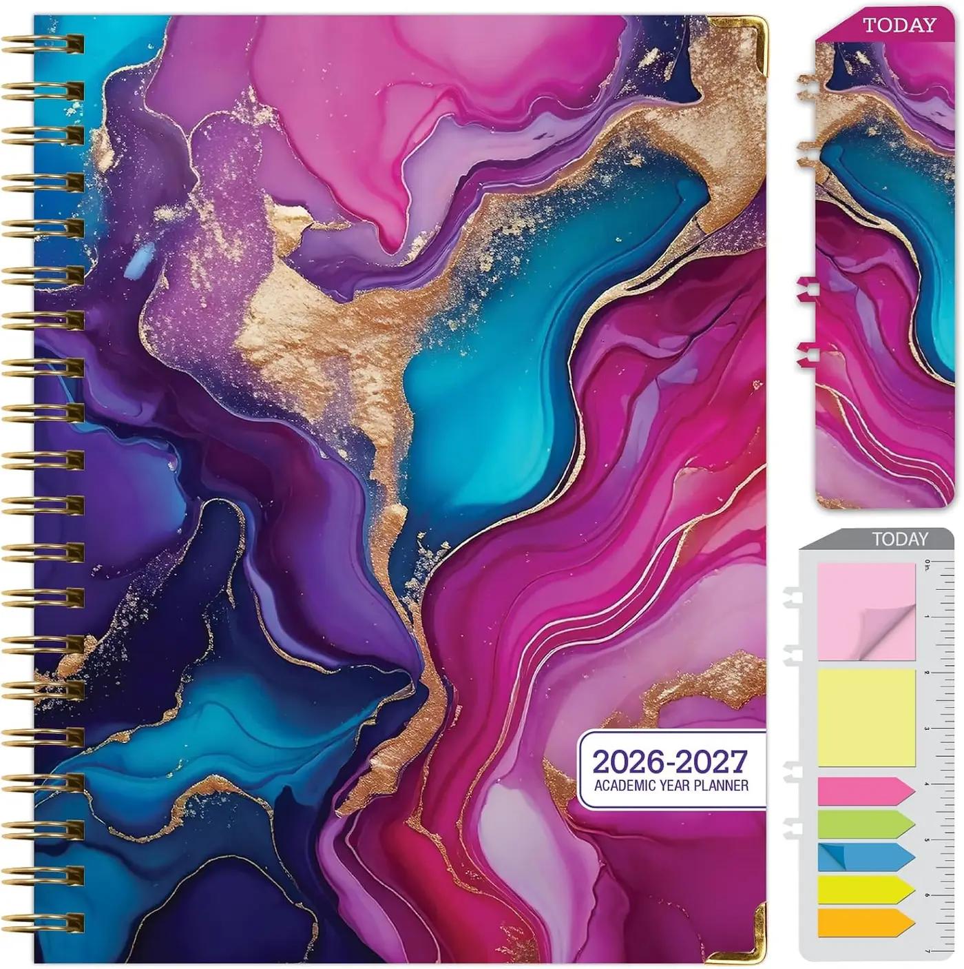 HARDCOVER Academic Year 2026-2027 Planner: 14 Months (May 2026 Through June 2027) 8.5"x 11" Daily Weekly Monthly Planner Yearly Agenda. Bookmark, Pocket Folder and Sticky Note Set (Pink Purple Marble)