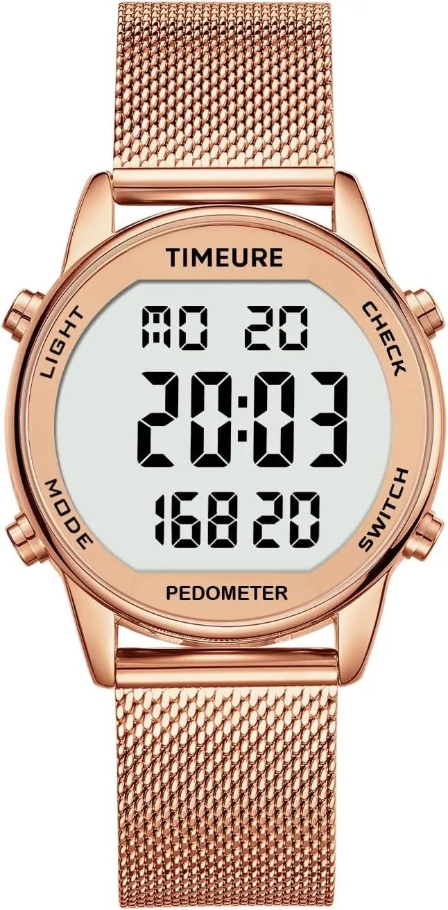 TIMEURE Women's Step Counter Pedometer Watch with Stainless Steel Bracelet, Stylish Design, No App, No Charging Needed for Step, Calorie, Distance, Alarm, Countdown Timer，TU-2401