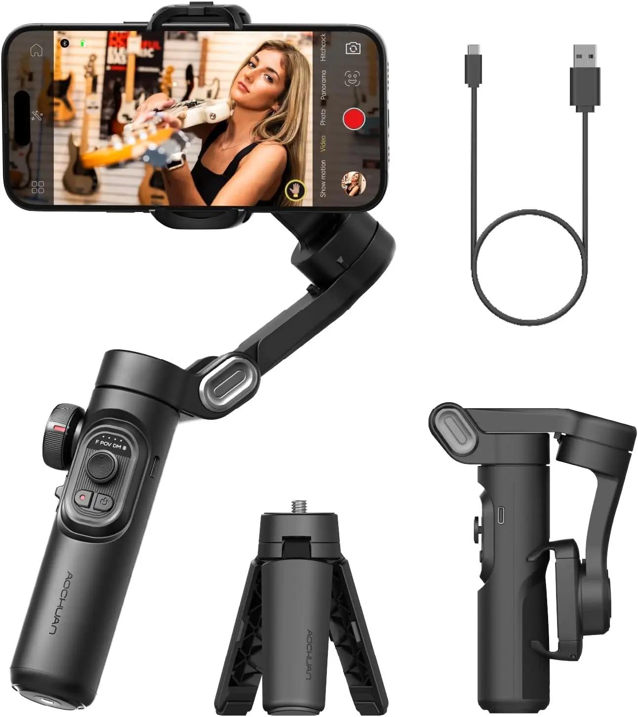 AOCHUAN Phone Gimbal Stabilizer 3-Axis Smartphone Foldable Handheld Gimbal for iPhone with Focus Wheel TikTok YouTube Vlog Stabilizer for iPhone17 16 15 14 13 Pro Max Android-Smart XE