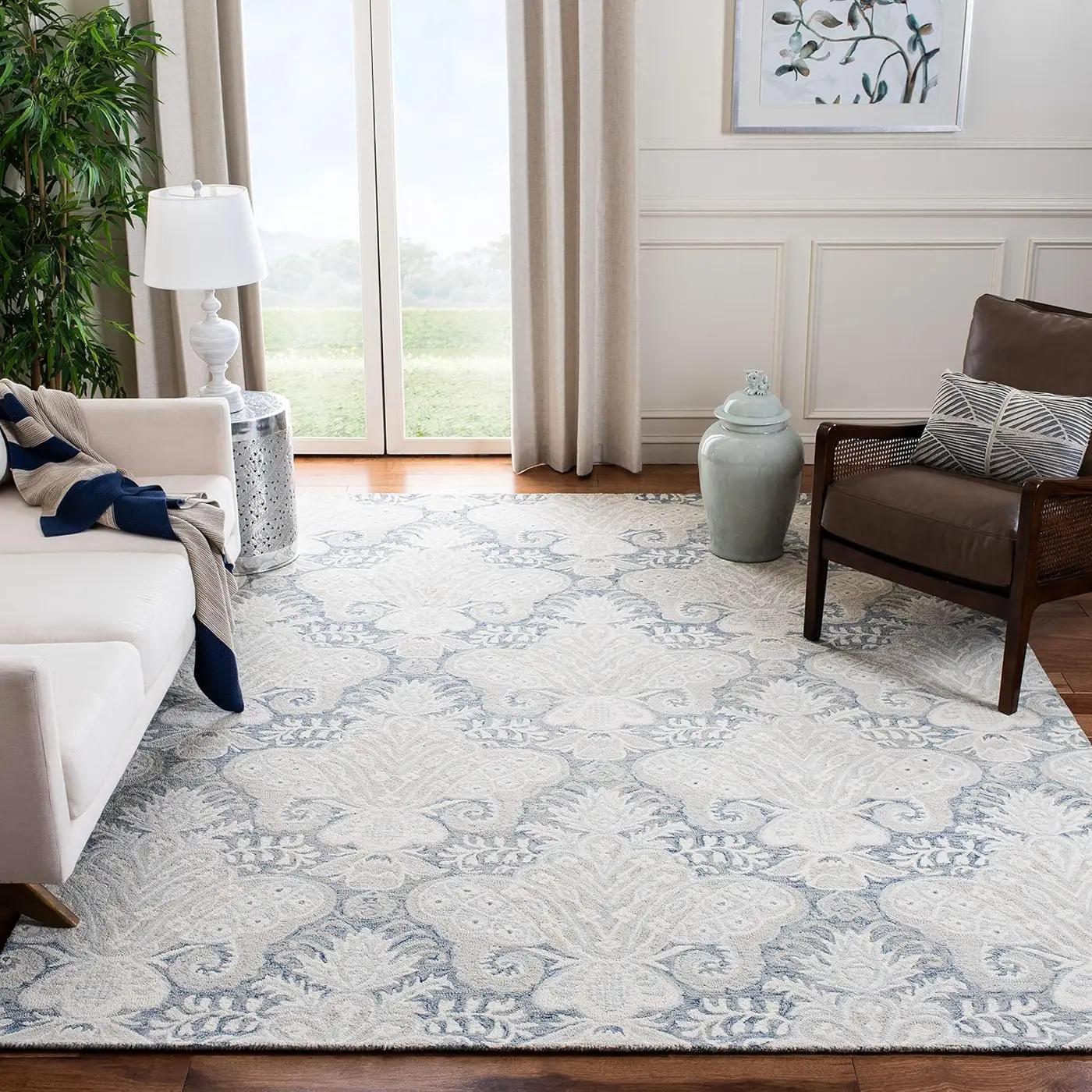 SAFAVIEH Area Rug 8x10 - Micro-Loop Collection - Large - Blue &amp; Ivory, Handmade Wool, Ideal for Living Room, Bedroom, Office, Dining Space (MLP539M)