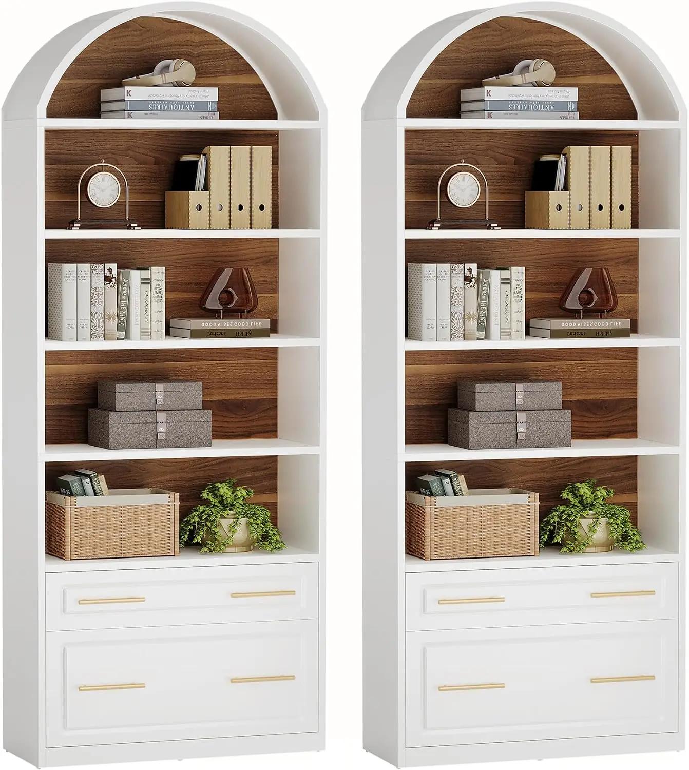 Tribesigns 76.8" Tall Arched Bookcase Set of 2, 5-Tier Bookshelf with File Cabinet Drawer, Modern Freestanding Wooden Bookshelves, Large Open Display Storage Shelves for Home Office, Living Room