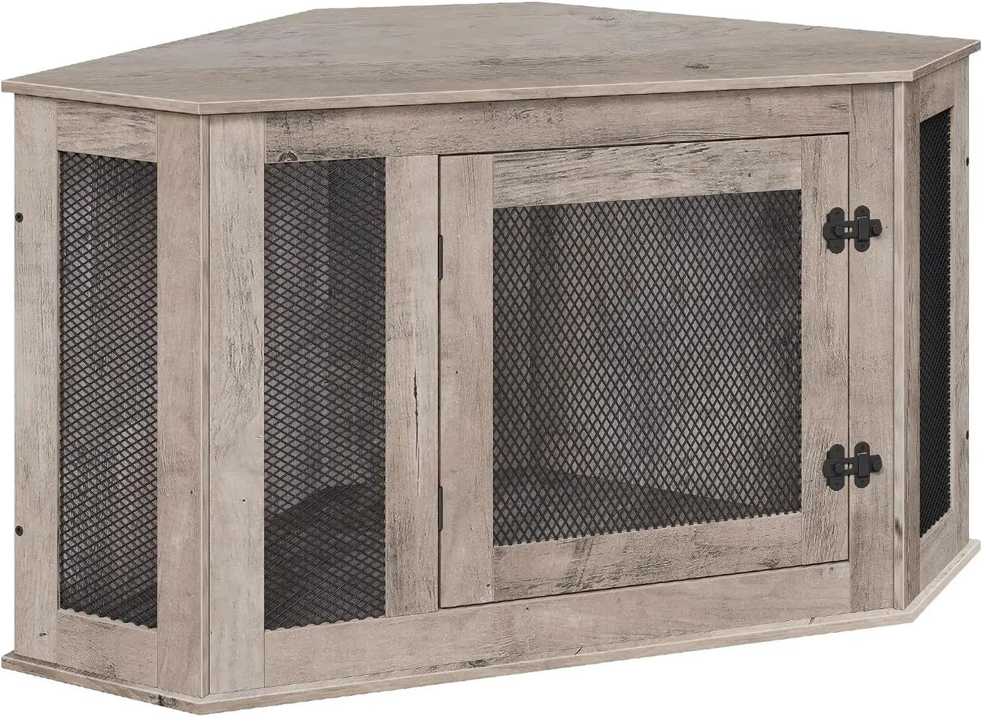 MAHANCRIS Corner Dog Crate Furniture, Wooden Dog Kennel End Table, Decorative Pet Crate Indoor Use, Furniture Style Dog House for Small Medium Dog, Dog Cage TV Stand, Greige and Black DCHG0801