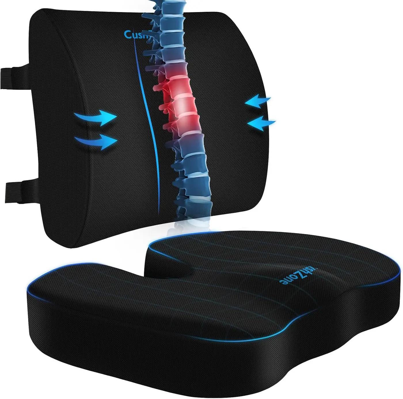 CushZone Ergonomic Seat Cushion &amp; Lumbar Support Pillow - Memory Foam for Sciatica Pain Relief &amp; Posture Correction, Non-Slip Chair Cushions for Office Chair/Car/Wheelchair/Travel (Black) OEKO-TEX STANDARD 100