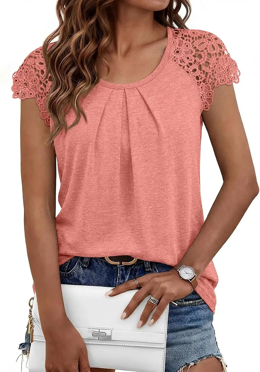 AUTOMET Womens Lace Tops Pleated Short Sleeve Shirts Summer Business Casual Dressy Blouses OEKO-TEX STANDARD 100