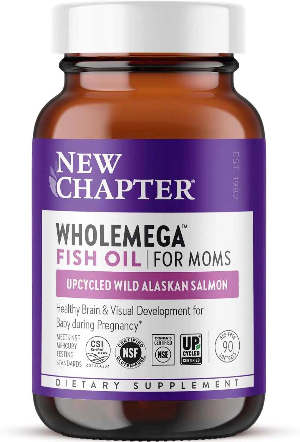 New Chapter Wholemega for Moms Fish Oil Supplement, Tiny Capsules, 2000mg per Serving, Prenatal DHA with Omega-3 + Vitamin D3 for Prenatal &amp; Postnatal Support, 500mg Each - 90 Count ClimeCo Certified