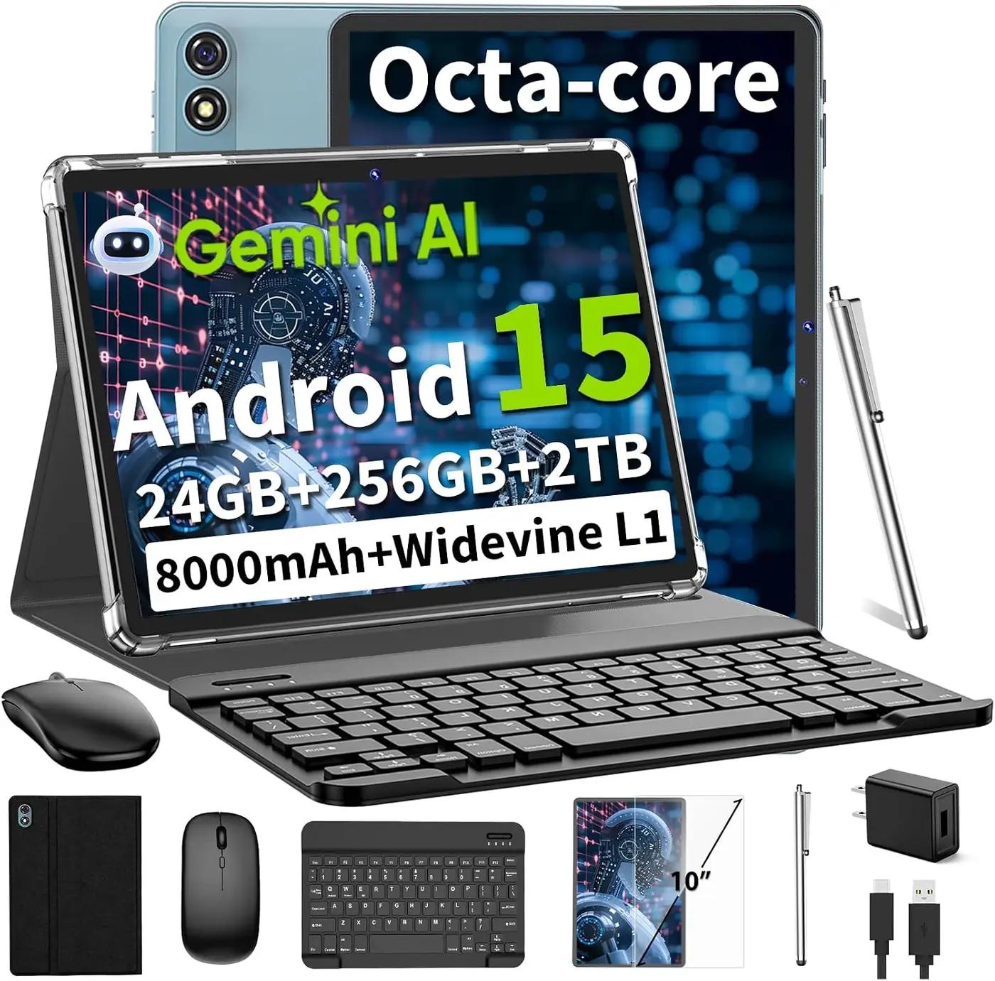 Android 15 Tablet 10 Inch, 2026 Tablet with Keyboard, 24GB+256GB+2TB Expand, Tablets PC with Gemini AI, Octa-Core, 8000mAh, 5G WiFi, Widevine L1, GMS, 2 in 1 Tablets with Case, Mouse, Stylus (Black)