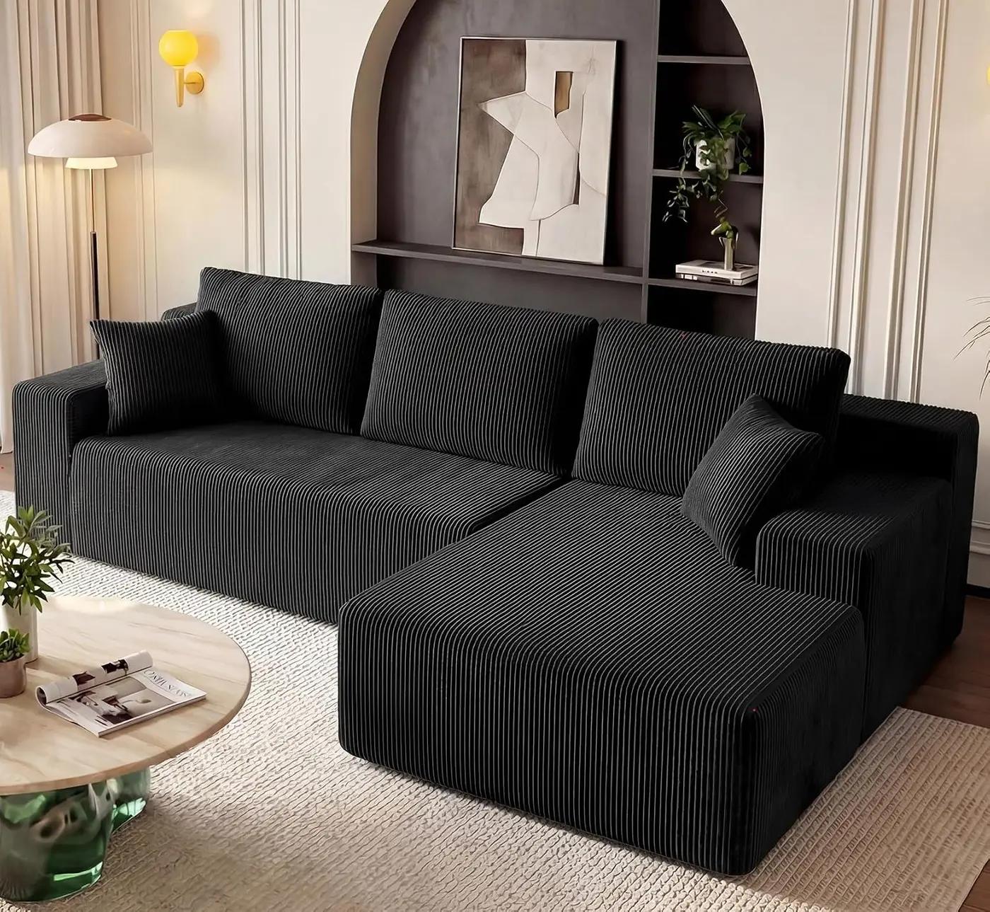 GRUSIGN Cloud Sectional Boneless Couches for Living Room, Modular L Shaped Couch with Deep Seat Oversized Right Facing Chaise, Memory Foam Compressed Spineless 3 Seater Sofa for Apartment, Black | No Assembly Required, Deep Seat, Cat-Claw Resistant, 