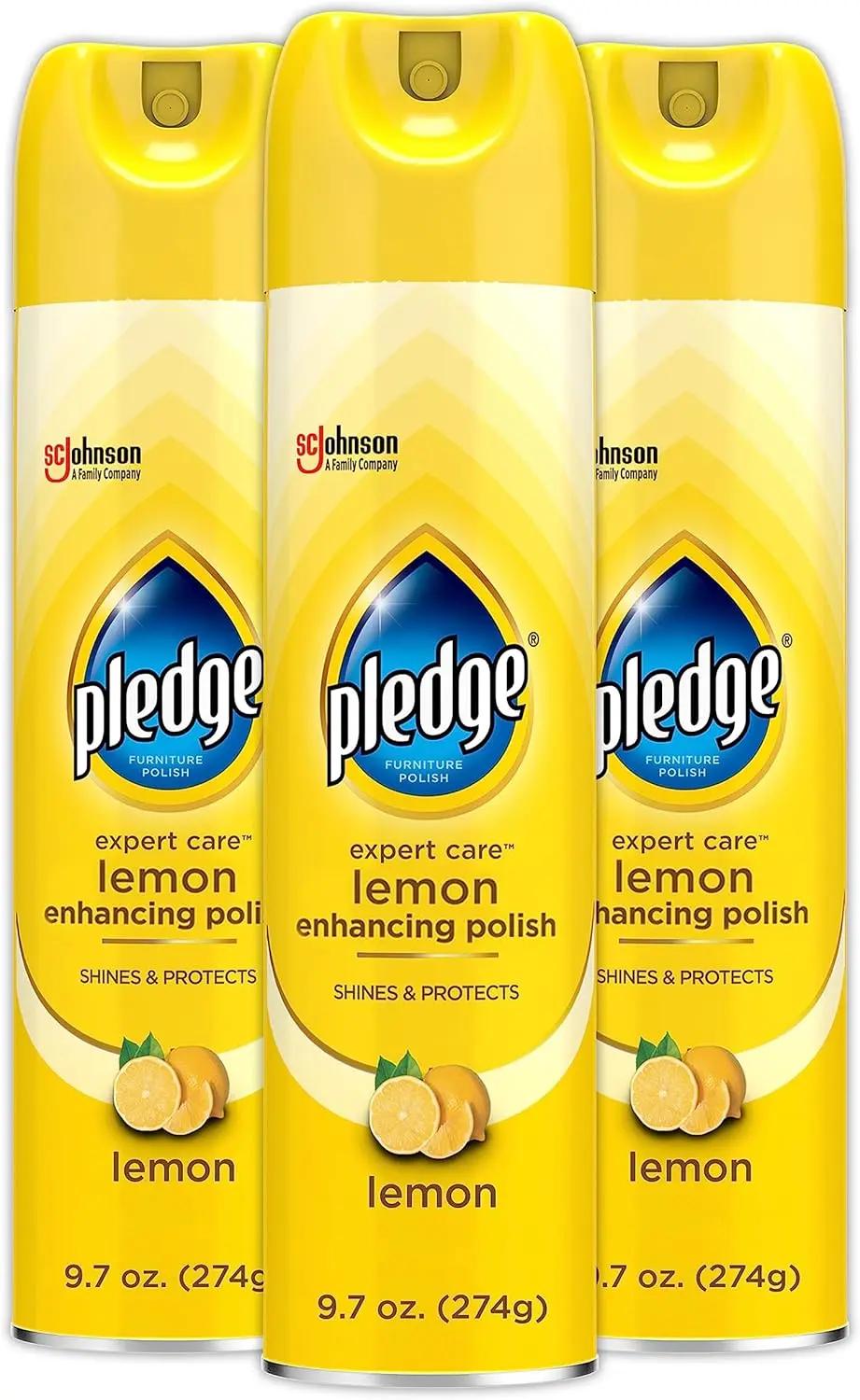 Pledge Enhancing Polish Spray, Wood Furniture &amp; Stainless Steel Polish, Remove Dust and Fingerprints, Fast Shine and Protect, Prevent Scratches &amp; Knicks - Lemon Scent, 9.7oz, Pack of 3