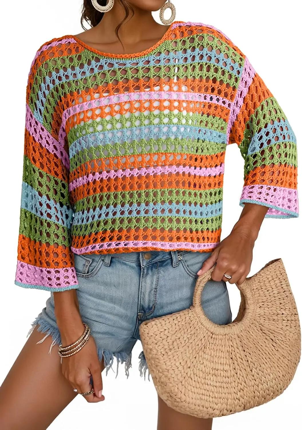Dokotoo Womens Spring Summer 3/4 Sleeve Crochet Sweater Hollow Out Color Block Striped Tops Casual Beach Vacation Cover Ups