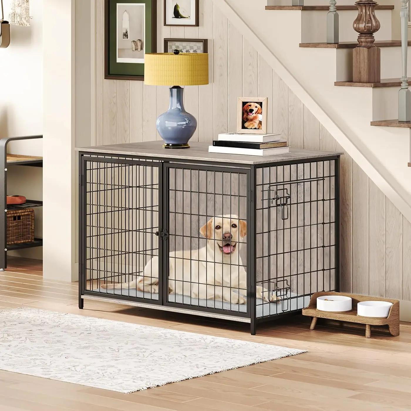 MAHANCRIS Dog Crate Furniture with Cushion, Wooden Dog Kennel with Double Doors, Heavy Duty Dog Cage for Small/Medium/Large Dogs, Indoor Dog House End Table, 39.4" L, Greige DCHG10701