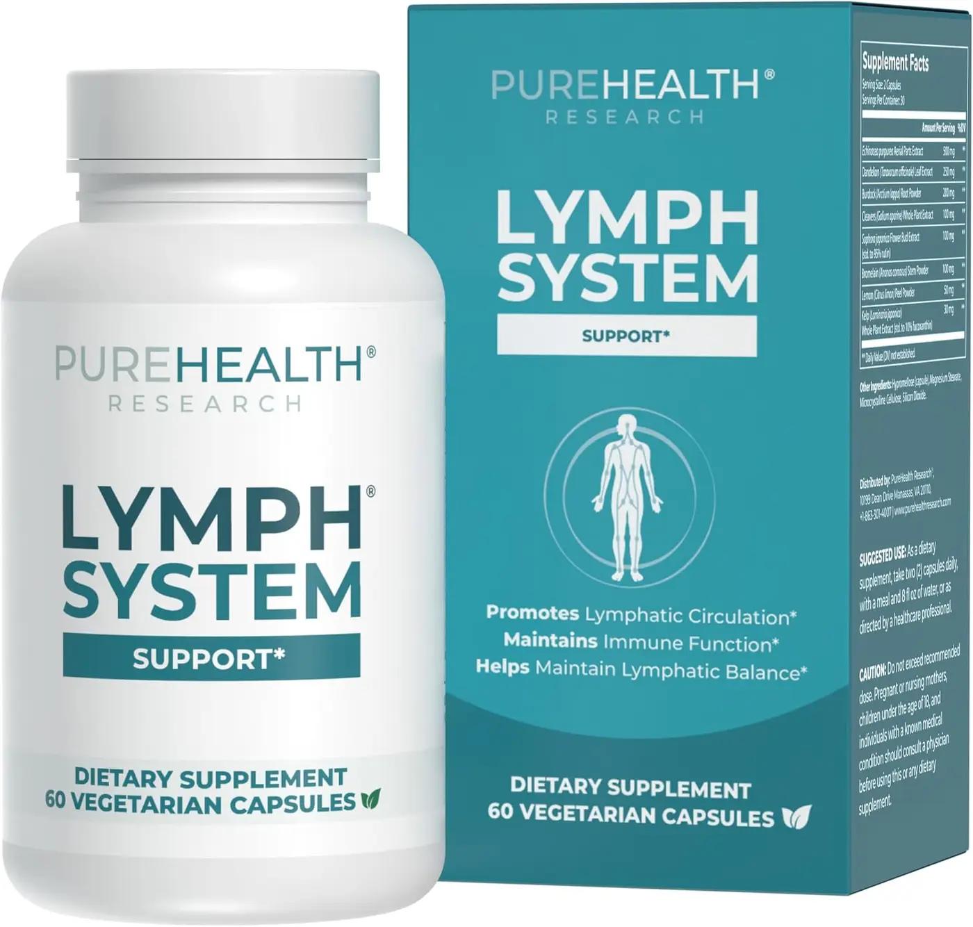 PUREHEALTH RESEARCH Lymph System Support - Lymphatic Drainage Supplement for Women &amp; Men - Bromelain, Echinacea, Dandelion, Burdock Root, Lemon Powder, Kelp, Cleavers &amp; More - 60 Capsules
