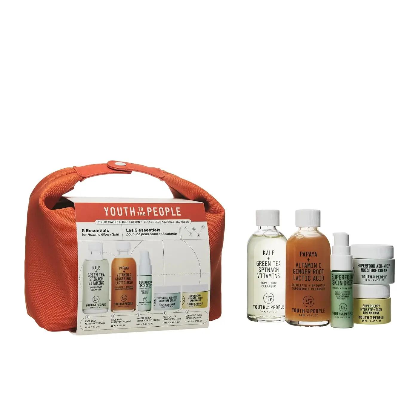 Youth To The People Youth Capsule Collection - Travel Skincare Giftset for On-the-Go - Healthy Glowy Skin Essentials - 5-Piece Set Includes Best Selling Superfood Face Cleanser + Travel Pouch