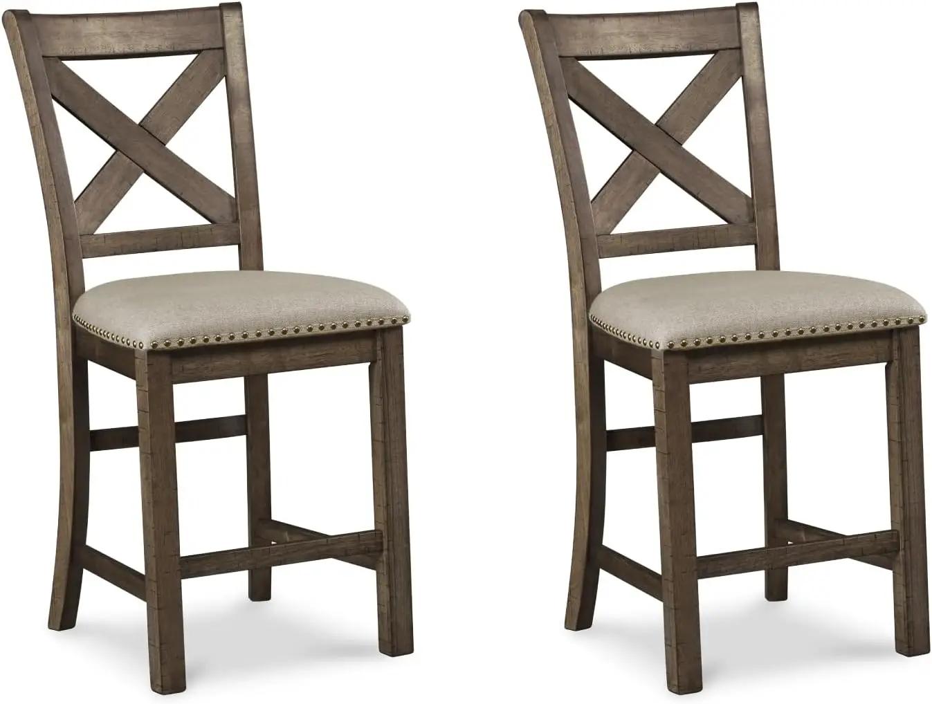 Signature Design by Ashley Moriville Rustic Farmhouse 24.5" Upholstered Barstool, 2 Count, Beige &amp; Brown