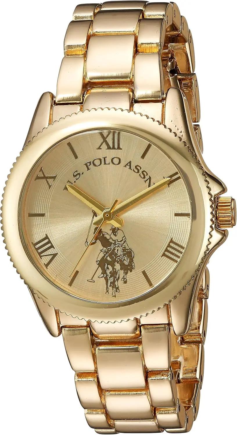 Accutime U.S. Polo Assn. Women's Analog Watch – Gold-Tone Champagne Dial with Roman Numerals, Stainless Steel Bracelet, and Box Packaging – Stylish and Adjustable Fit for Wrists 5.5" to 8"