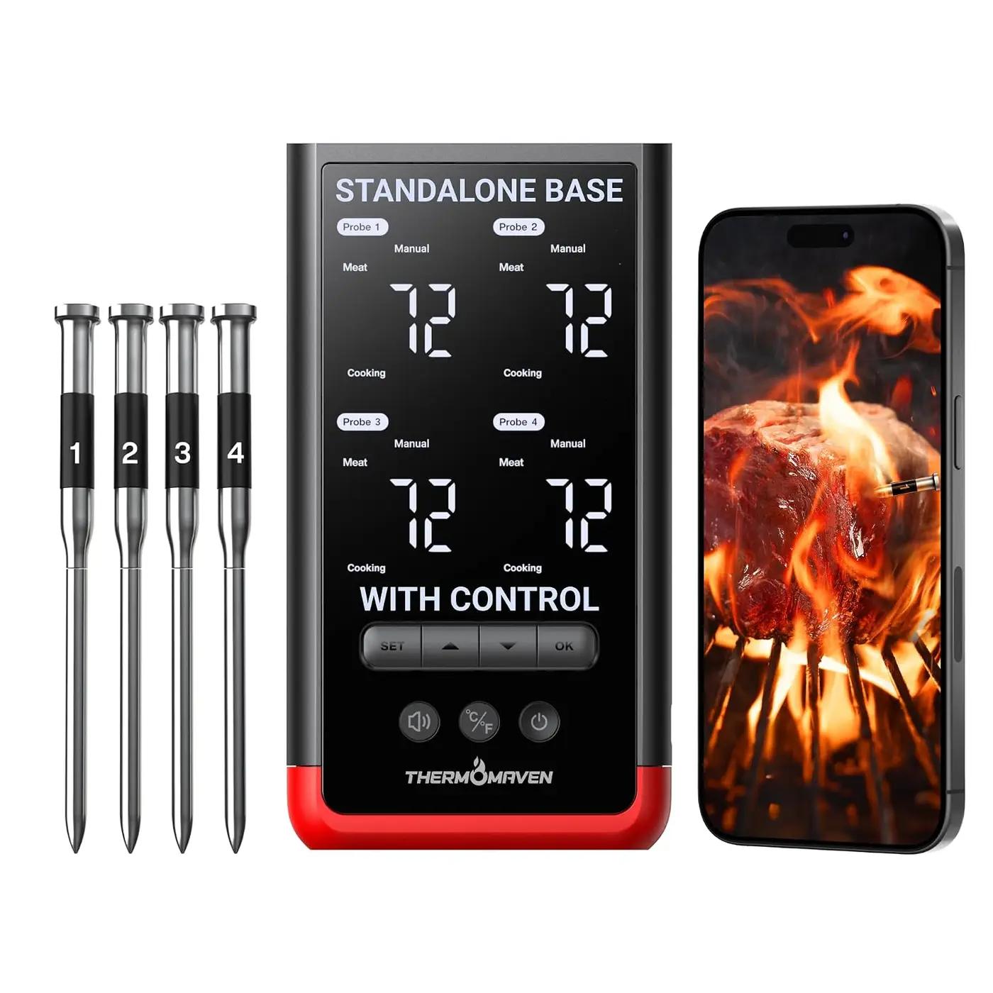 ThermoMaven Smart Bluetooth Wireless Meat Thermometer: Standalone Base, WiFi Unlimited Range, 6 Sensors with NIST Certified Accuracy, 4 Probes for Kitchen, BBQ, Grill, Oven, Smoker, Rotisserie ClimeCo Certified