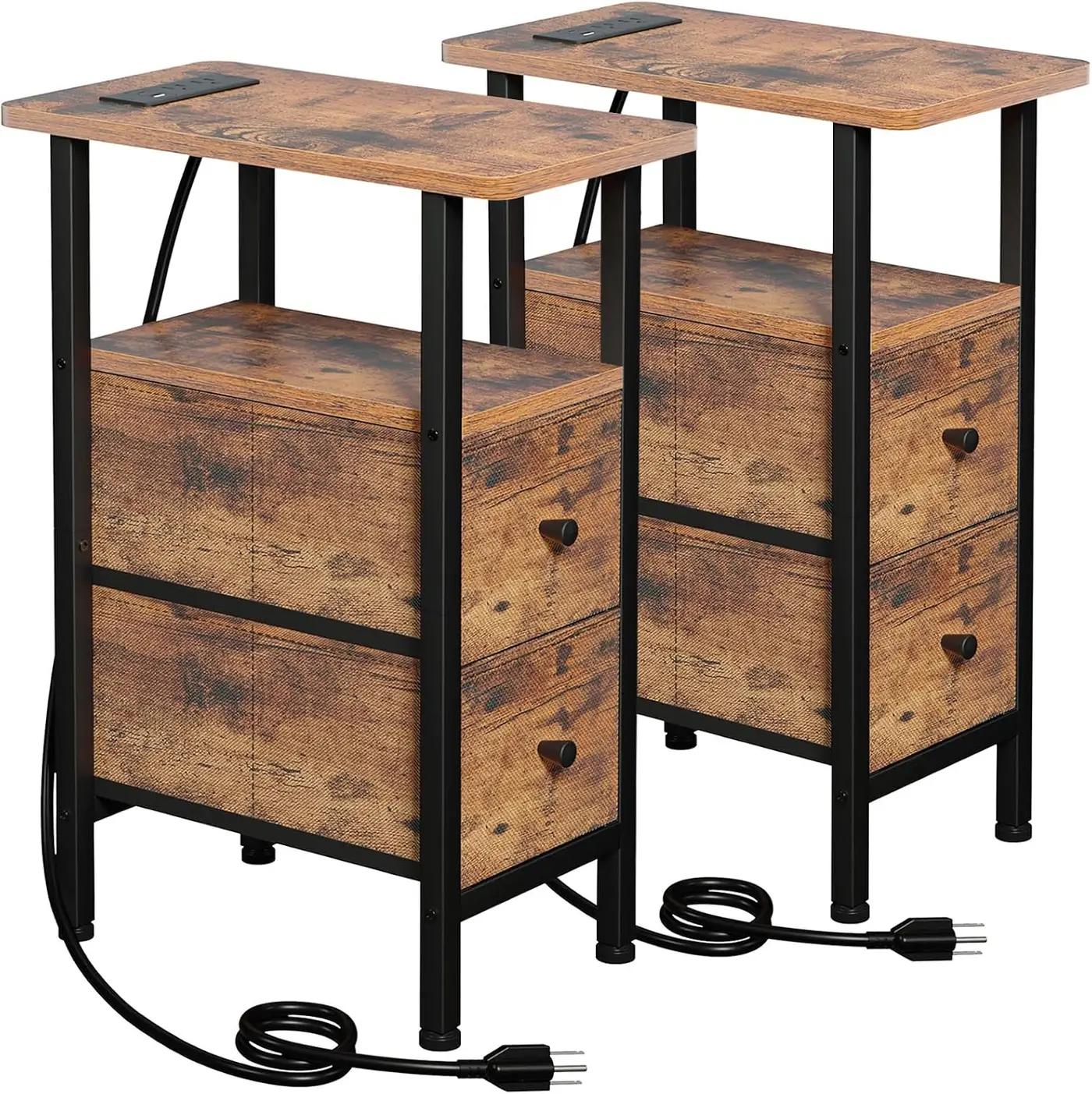 LOAKEKEL Narrow Nightstand with Charging Station, End Tables Living Room Set of 2, Skinny Side Table with Fabric Drawers, Slim Sofa Table for Bedroom, Small Spaces, Couch, Rustic Brown, HETNDP02PBR The Forest Stewardship Council