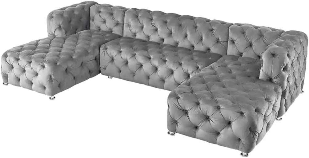 U-Shaped Modular Sofa Grey Velvet Fabric Living Room Furniture