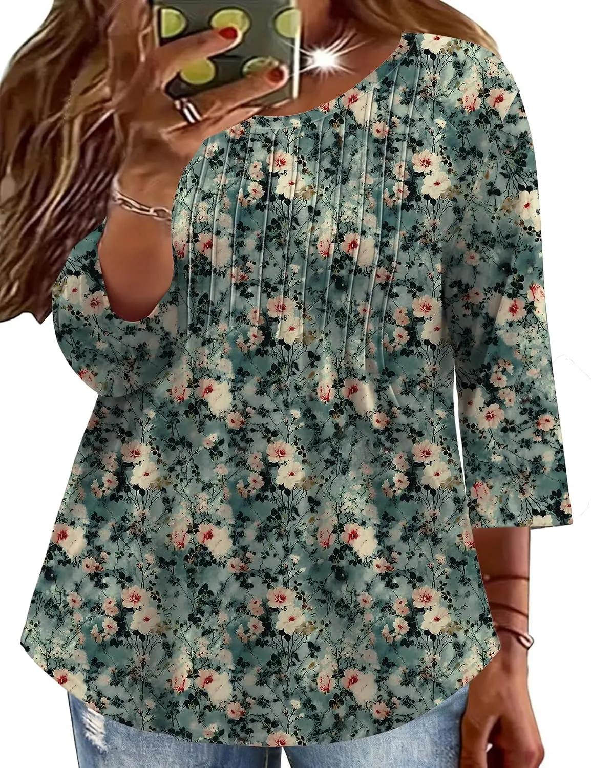 TFSDOD Womens Plus Size Tops 3/4 Length Sleeve Womens Tops Crewneck Pleated Boho Tunic Casual Shirts XL-5X