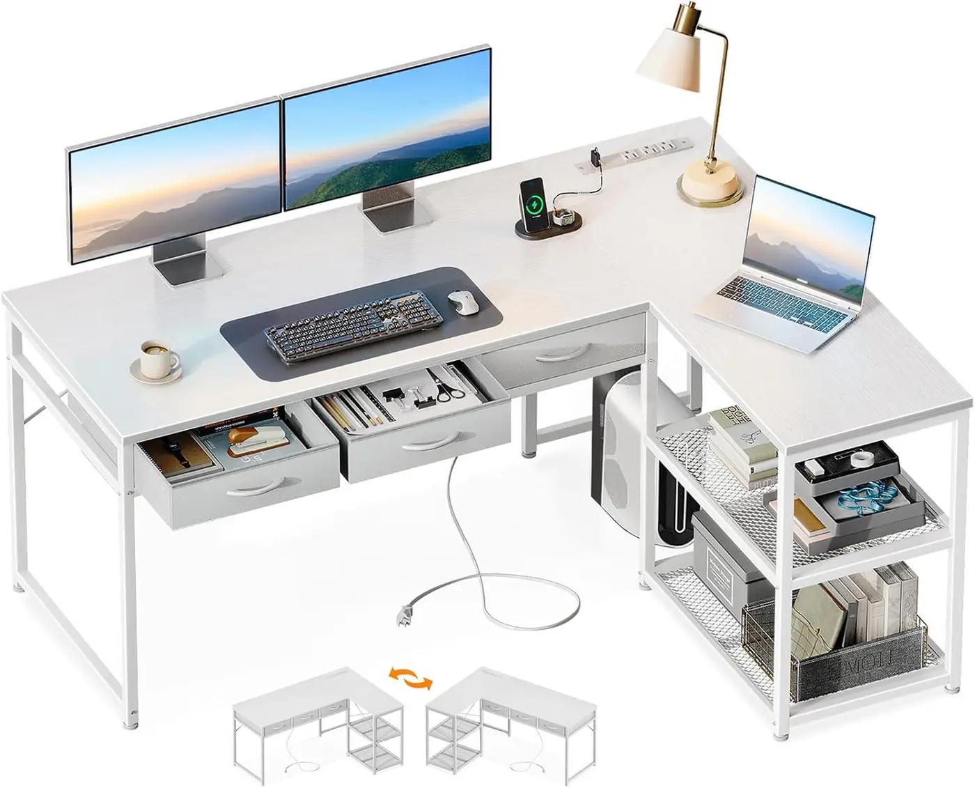 AODK 53 Inch L Shaped Computer Desk with Drawers, Corner Desk with Power Outlets &amp; Reversible Storage Shelves, for Home Office Gaming, White