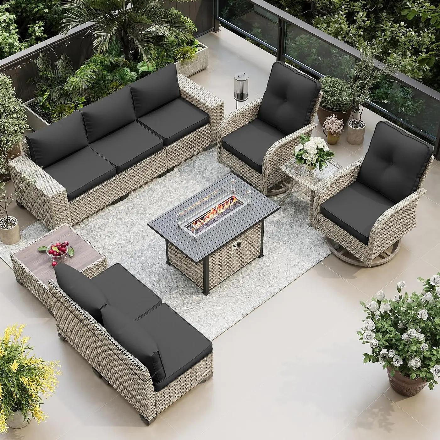 10-Piece Outdoor Patio Furniture Set with Rocking Swivel Chair, PE Wicker Rattan Sectional Sofa Patio Conversation Set with 55,000 BTU Fire Pit Table &amp; Coffee Table, Dark Grey