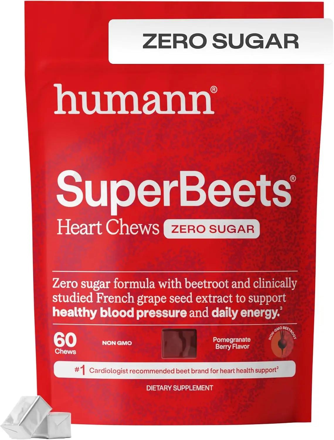 Humann SuperBeets Heart Chews Zero Sugar, Beet Root Supplement, Energy, Nitric Oxide and Blood Pressure Support, Grape Seed Extract &amp; Non-GMO, Heart Health, Pomegranate Berry Flavor, 60 Count