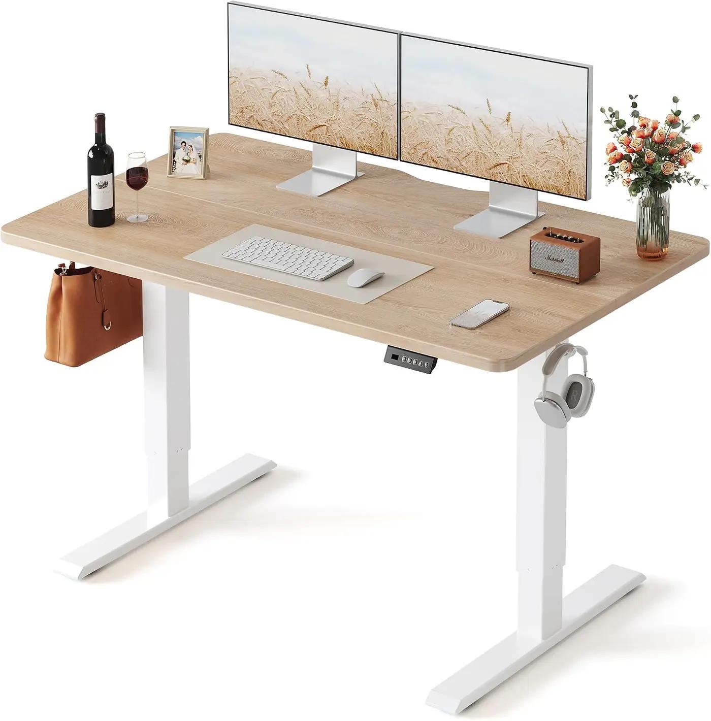 FEZIBO Standing Desk, 48 × 24 Inches Electric Height Adjustable, Sit and Stand Up, Computer Office Desk with Splice Board, White Frame/Maple TOP The Forest Stewardship Council