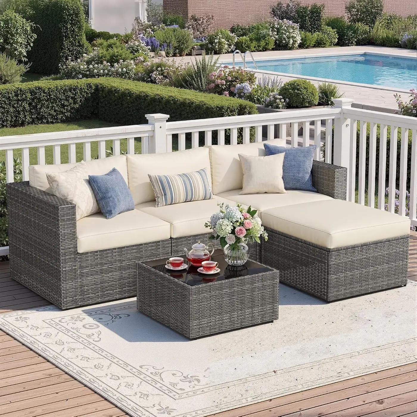 Wisteria Lane 5 Piece Outdoor Patio Furniture Set, All Weather Wicker Rattan Sectional Sofa Conversation Set with Cushions &amp; Glass Coffee Table, Ideal for Backyard Porch Garden Balcony, Beige