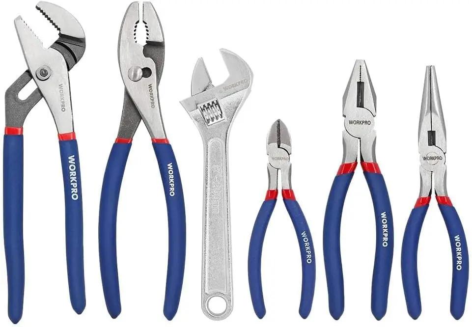 WORKPRO Large Pliers &amp; Wrench Set 6-Piece (10" Water Pump, 10" Slip Joint, 8" Long Nose, 8" Linesman, 6" Diagonal, 8" Adjustable Wrench) for DIY &amp; Home Use, W001329A