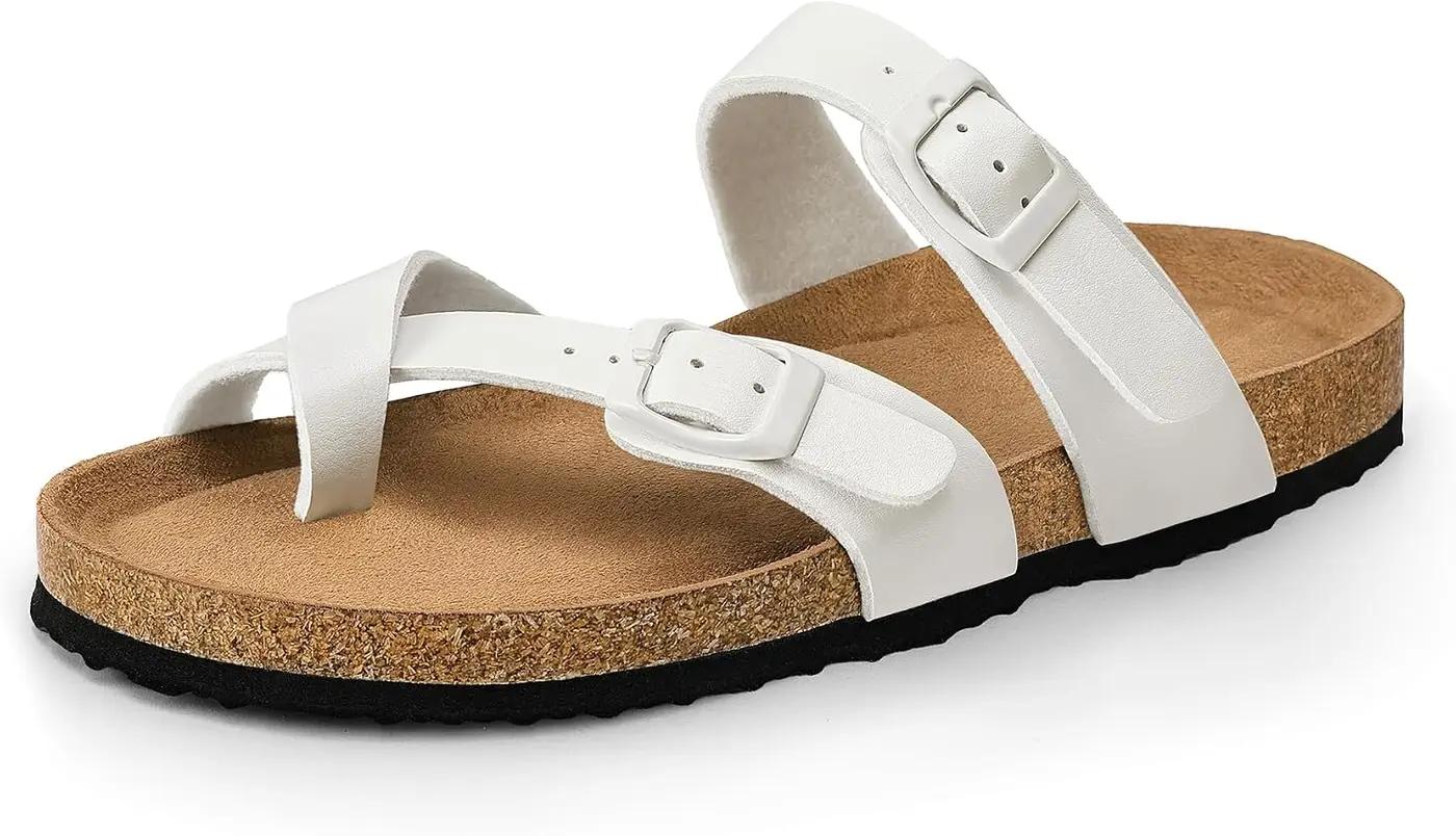 mysoft Women's Cork Footbed Sandals Double Adjustable Buckle Slide Sandals Slip On Walking Summer Shoes