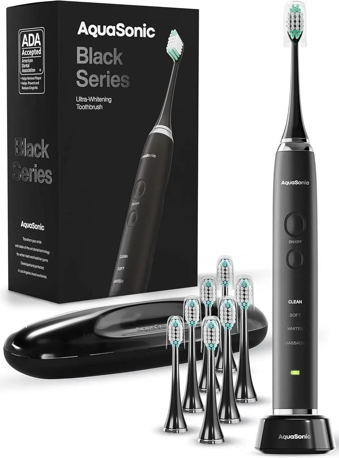 Aquasonic Black Series Ultra Whitening Toothbrush – ADA Accepted Electric Toothbrush- 8 Brush Heads &amp; Travel Case – 40,000 VPM Electric Motor &amp; Wireless Charging - 4 Modes w Smart Timer Global Recycled Standard