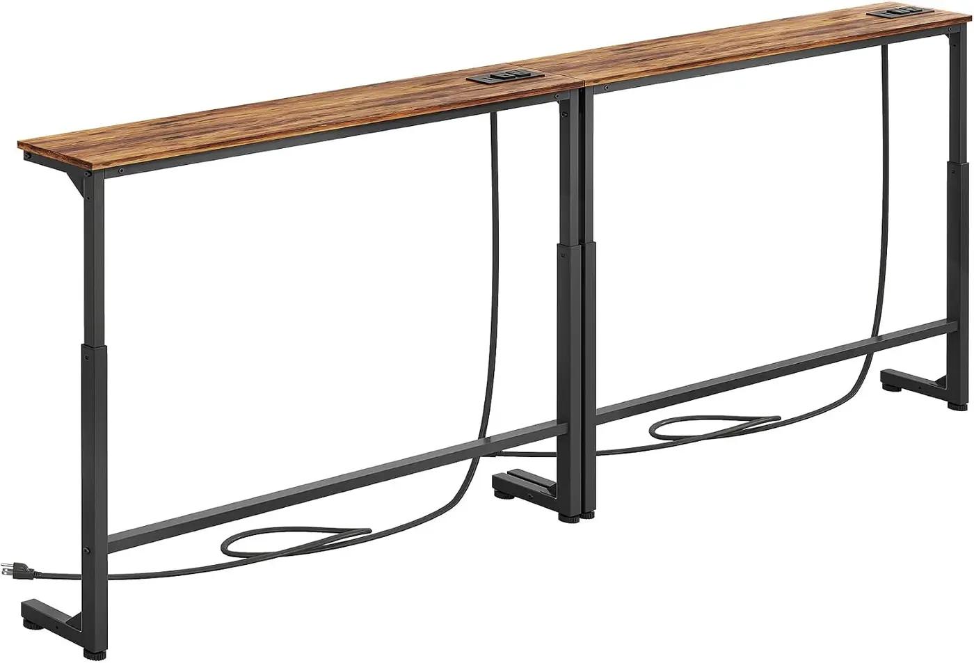 Kitstorack 2-Pack Narrow Console Table with Adjustable Height (25"-33") &amp; 2 Power Outlets, Skinny Behind Couch Table, 78.8" Long x 5.9" Wide Sofa Side Table for Living Room, Rustic Brown